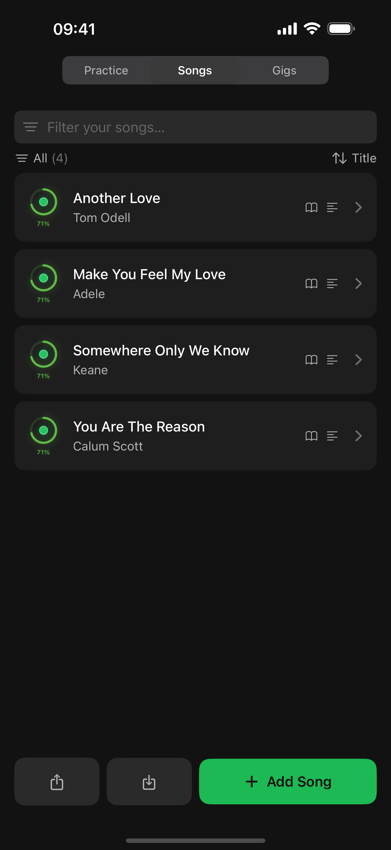 Song library with readiness ratings