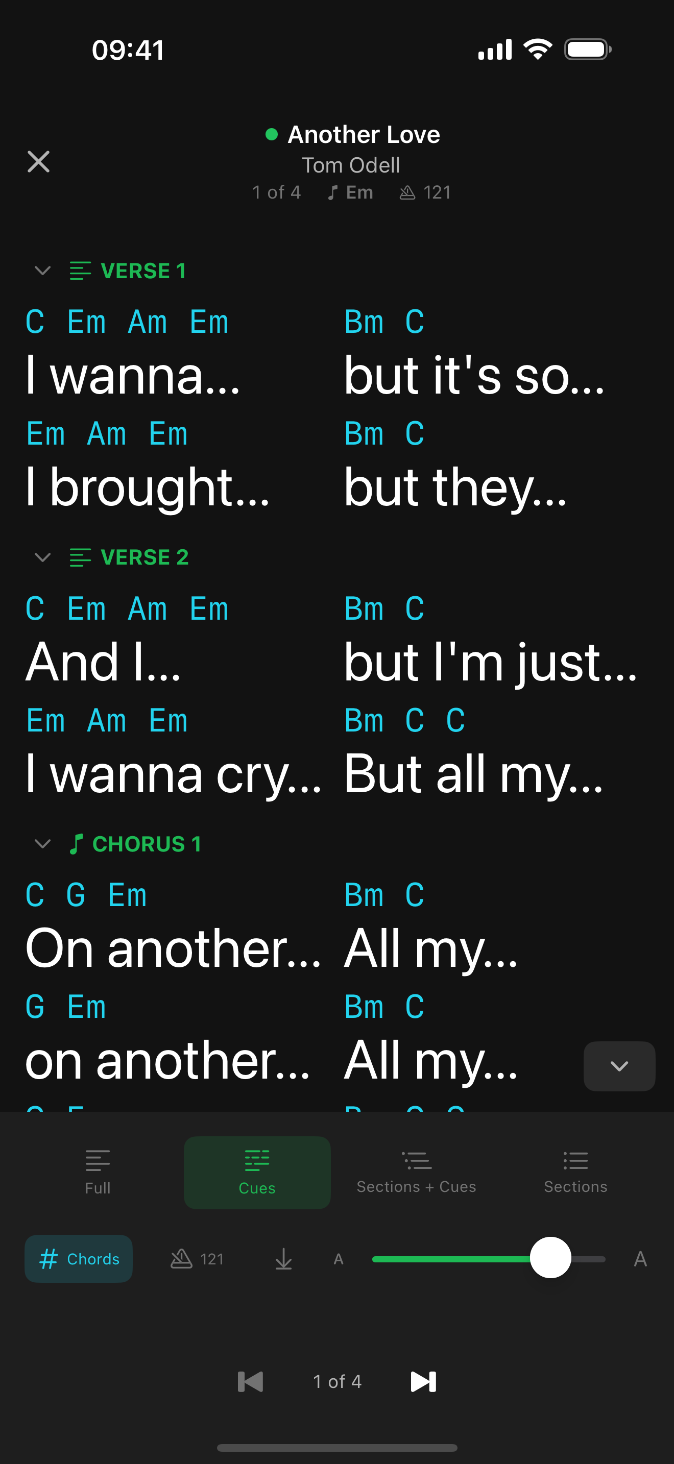Cues mode — first words only