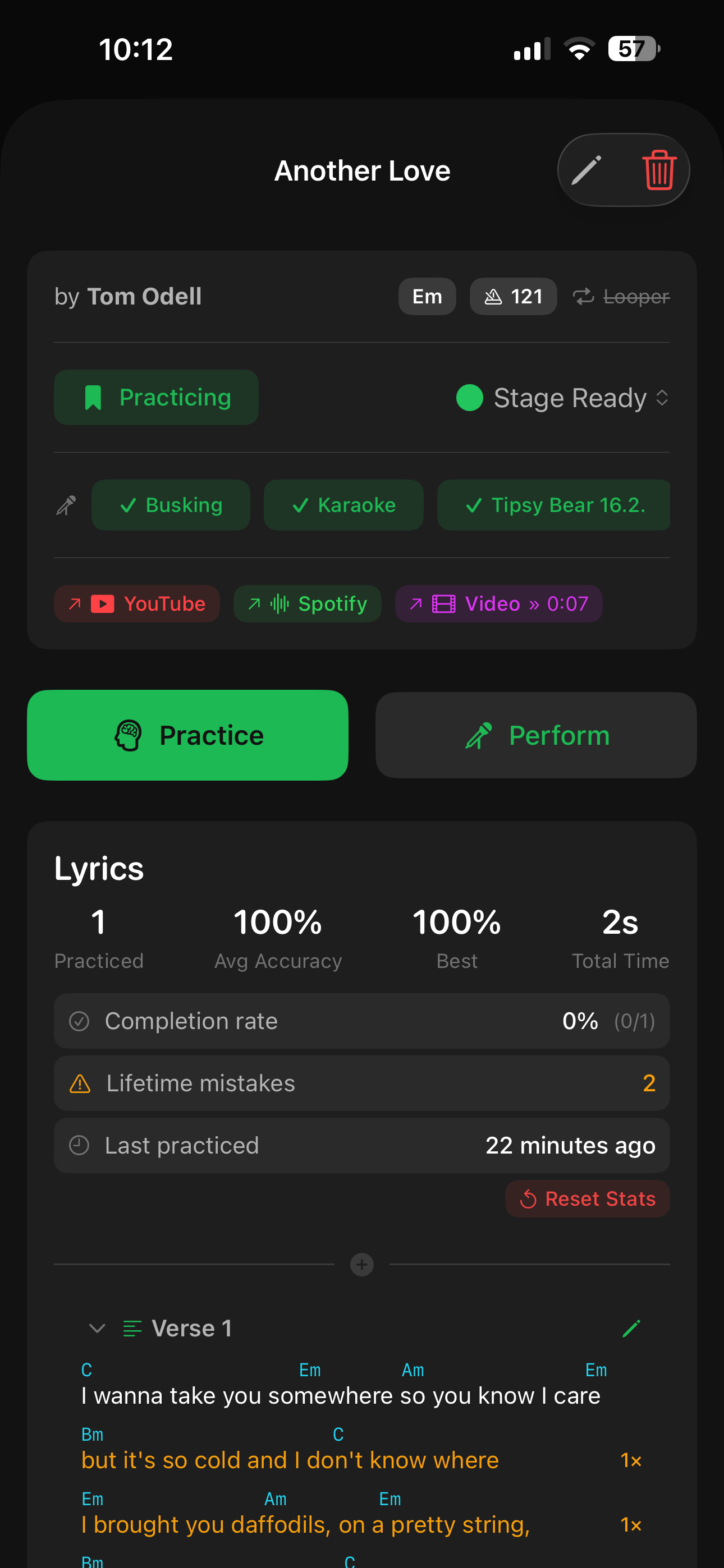 Song detail — lyrics, key, BPM